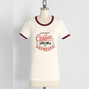 Modcloth Coffee Is My Anti Depresso Graphic Ringer Tee Cream White Burgundy L